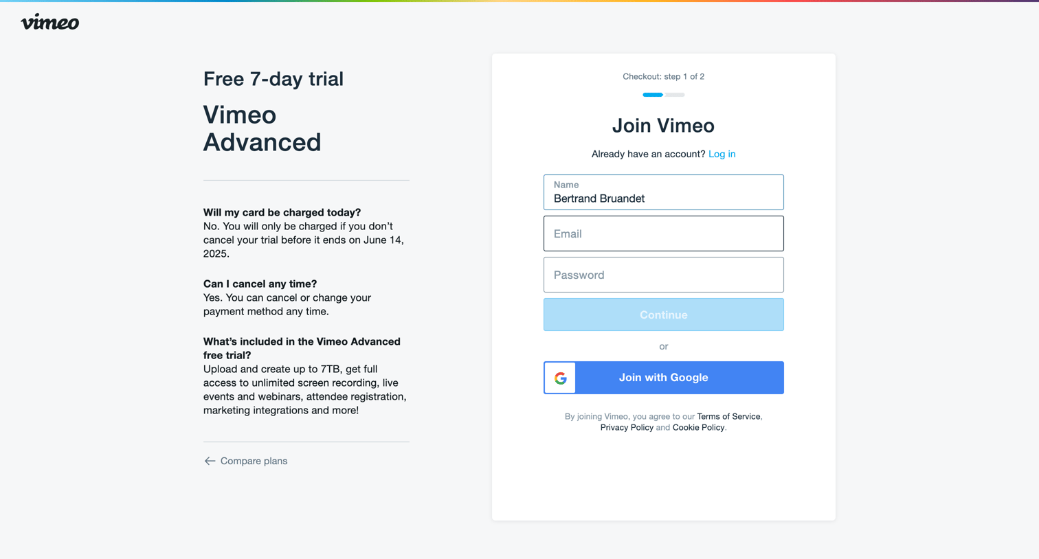 Vimeo - Checkout on Vimeo screen