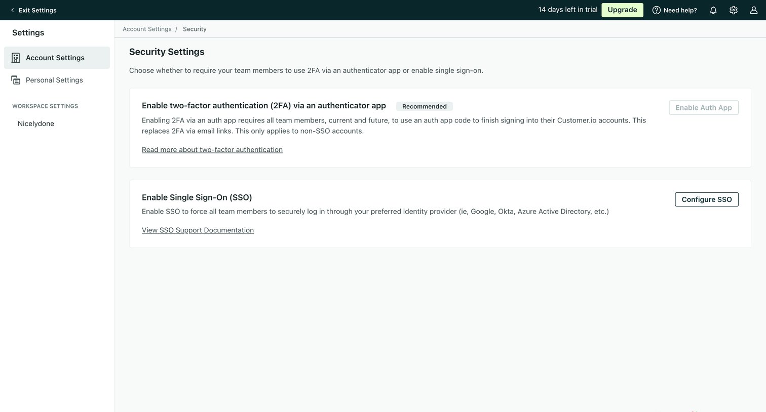 Customer.io - Security | Account Settings Customer.io screen