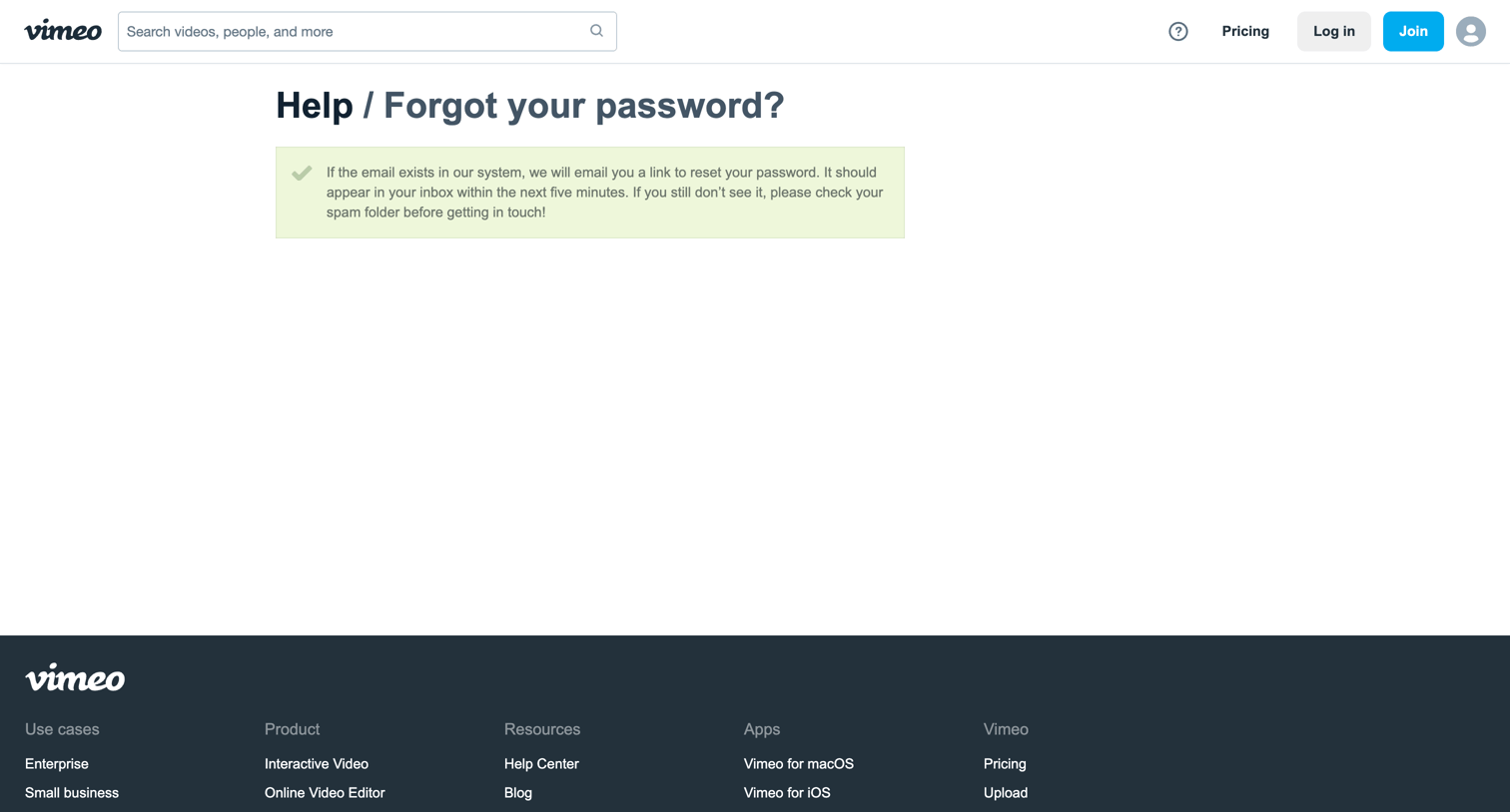 Vimeo - Forgot your password? screen