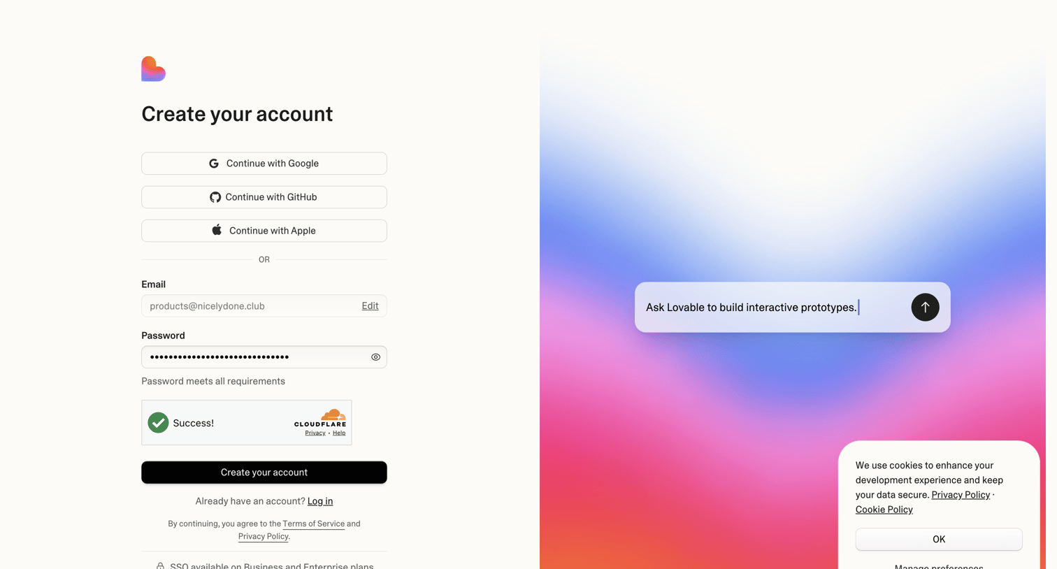 Lovable - Create account screen