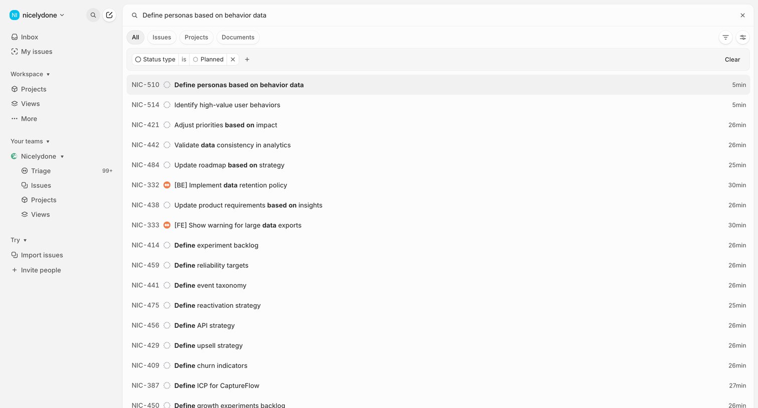 Linear - Search › Define personas based on behavior data screen