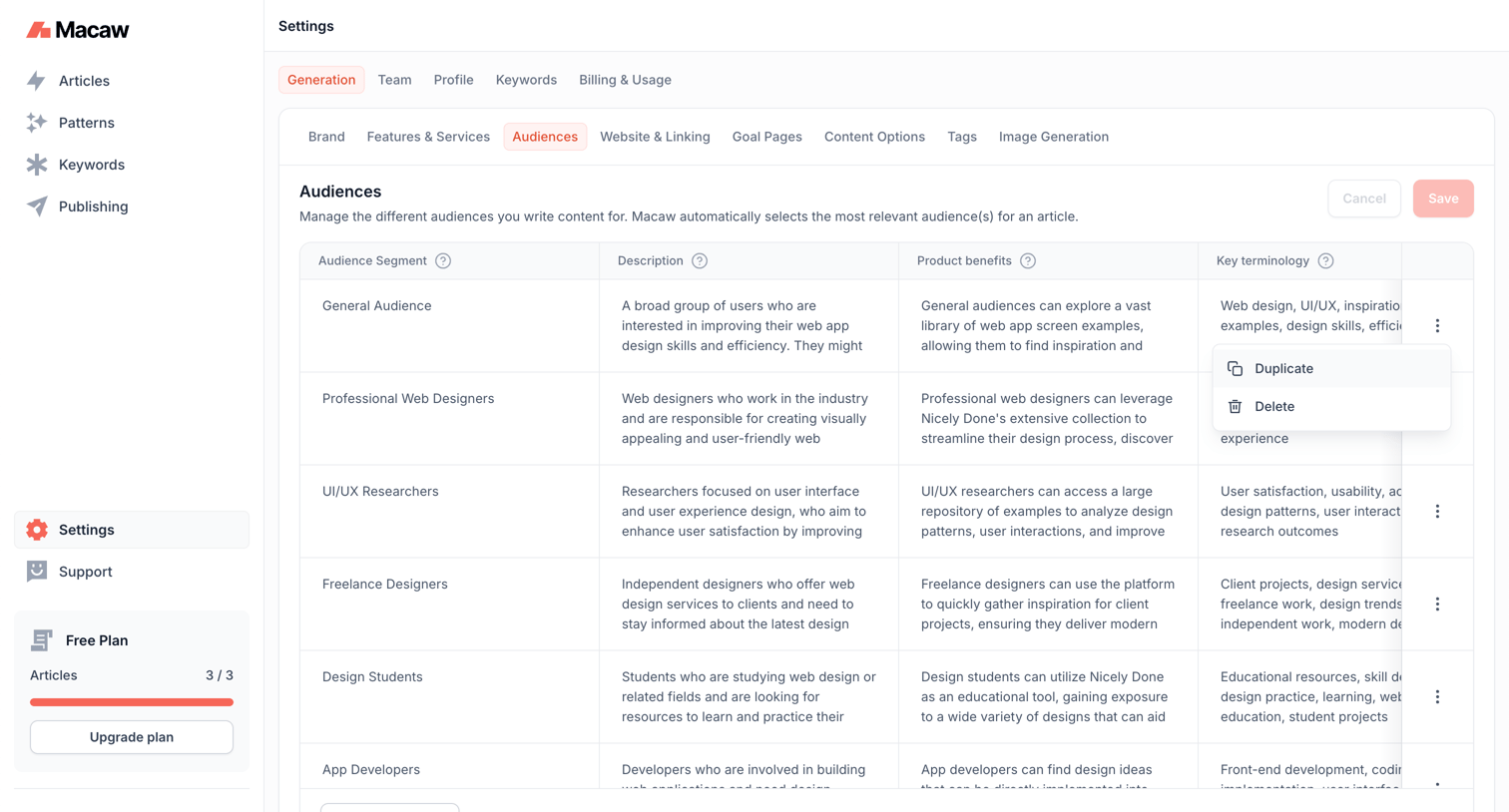 Macaw - Generation Settings | Macaw screen