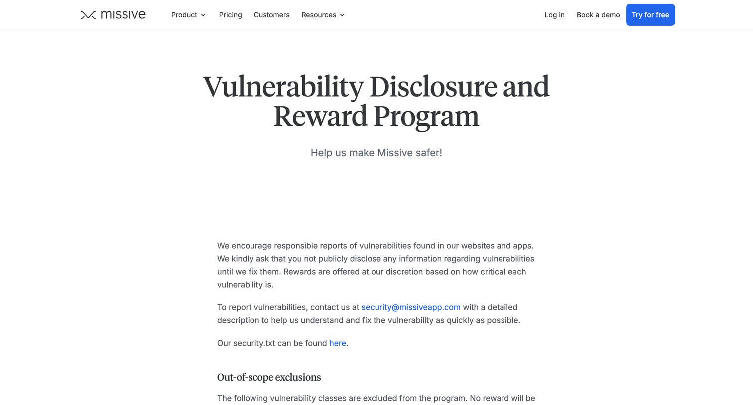 Missive - Vulnerability Disclosure and Reward Program screen