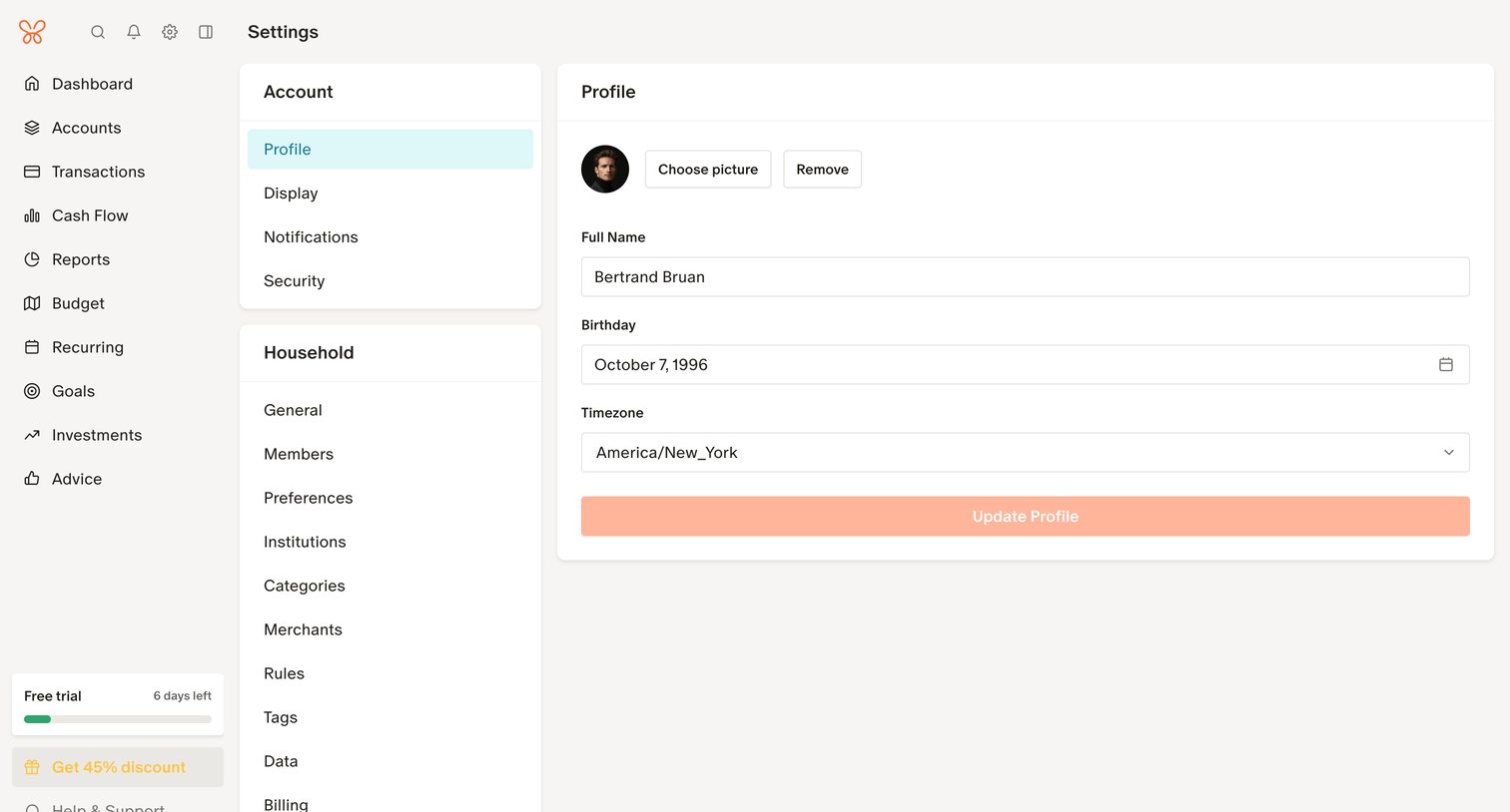 Monarch - Profile Settings screen
