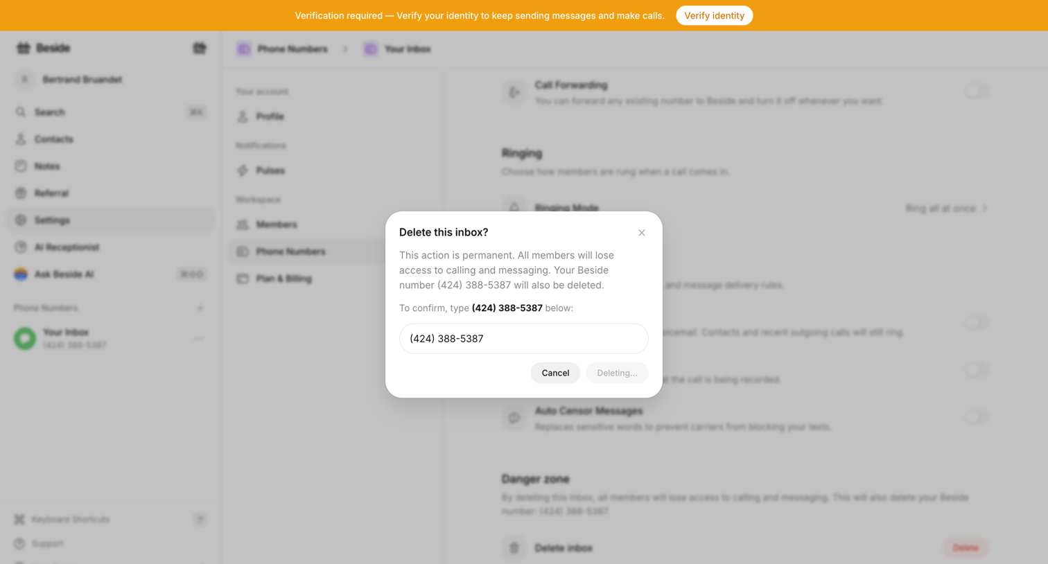 Beside - Your Inbox - Phone Numbers - Beside screen