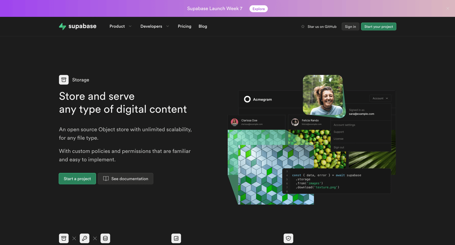 Supabase - Storage | Store any digital content screen
