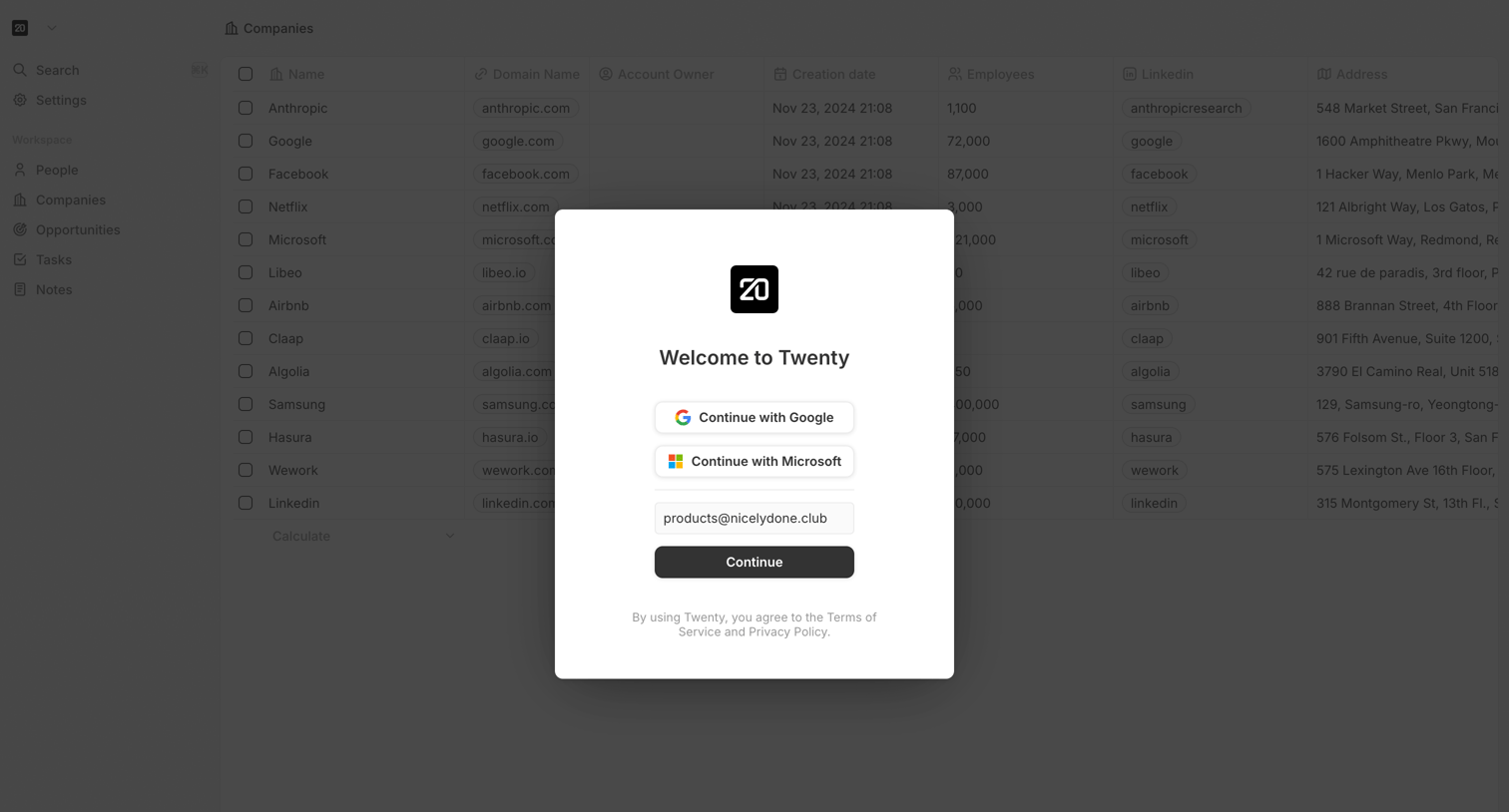 Twenty - Sign in or Create an account screen