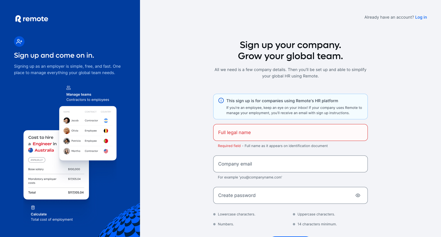 Remote - Sign up your company. Grow your global team. | Remote screen