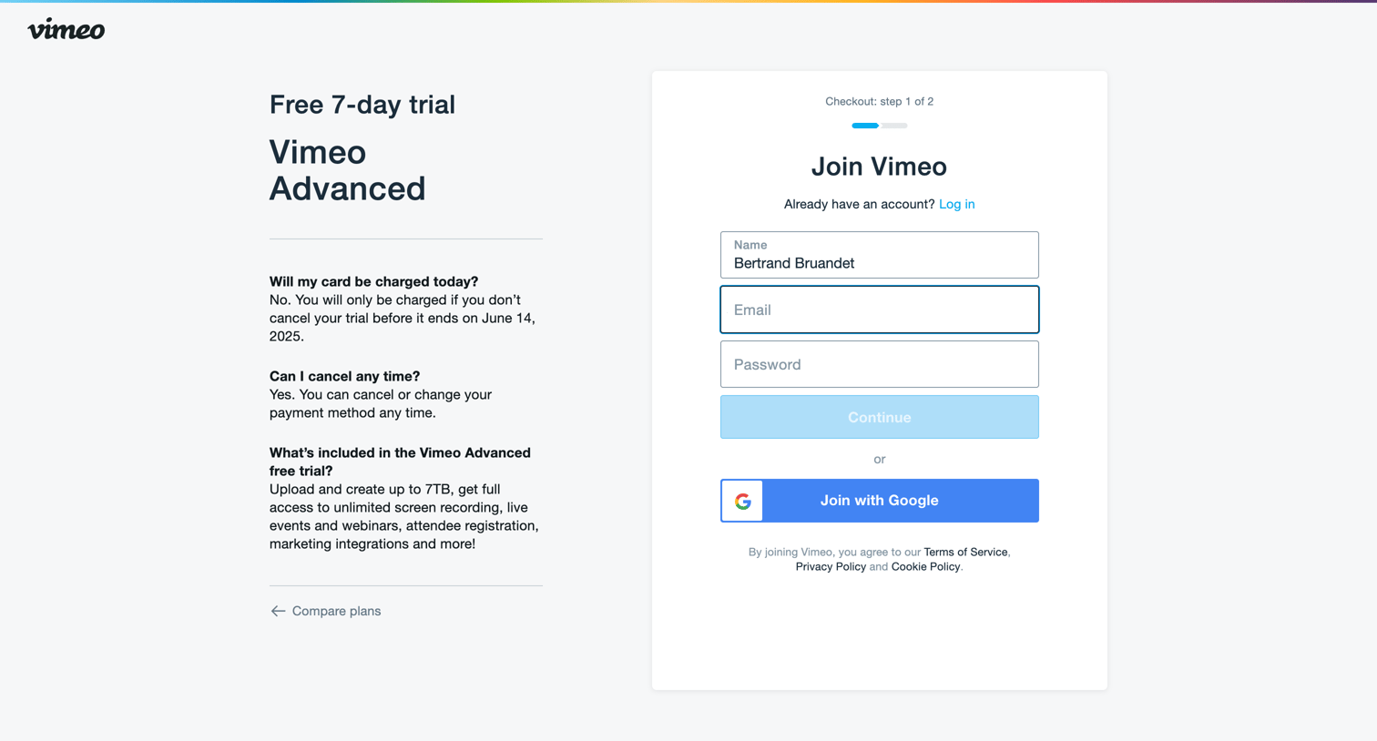 Vimeo - Checkout on Vimeo screen