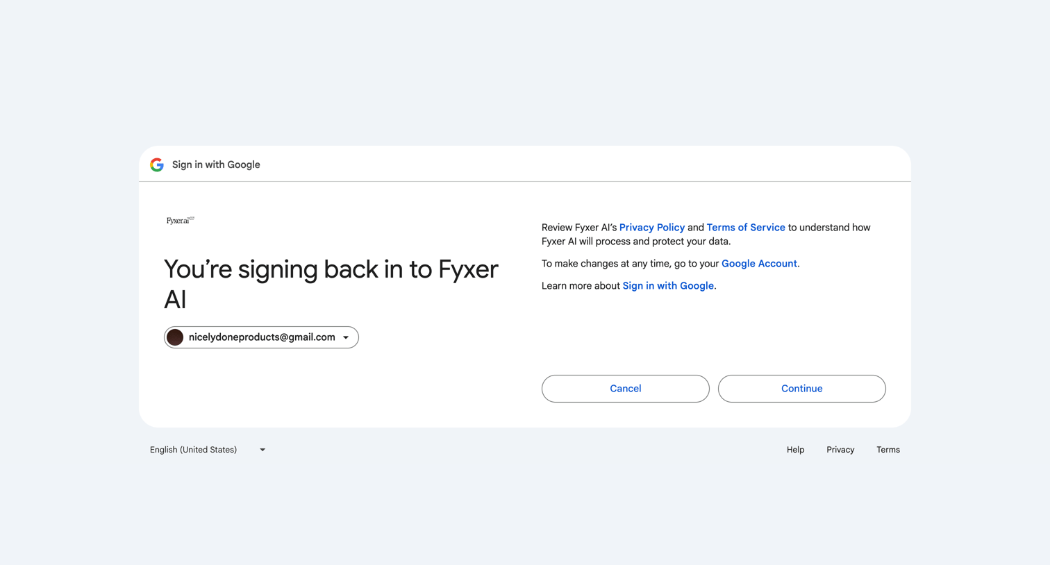 Fyxer - Sign in - Google Accounts screen