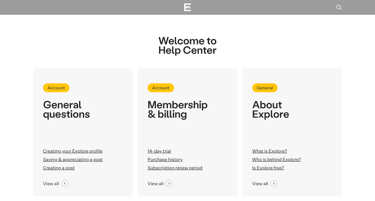 Explore - Help Center – Explore – Support page for the creative community p screen