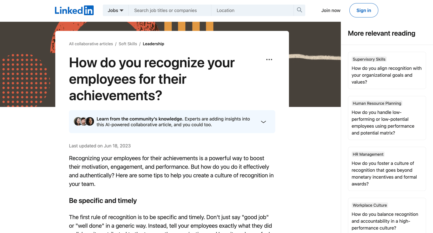 Linkedin - How to Recognize Your Employees Effectively screen