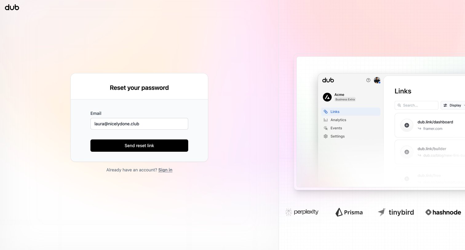 Dub - Forgot Password for Dub.co | Dub.co screen