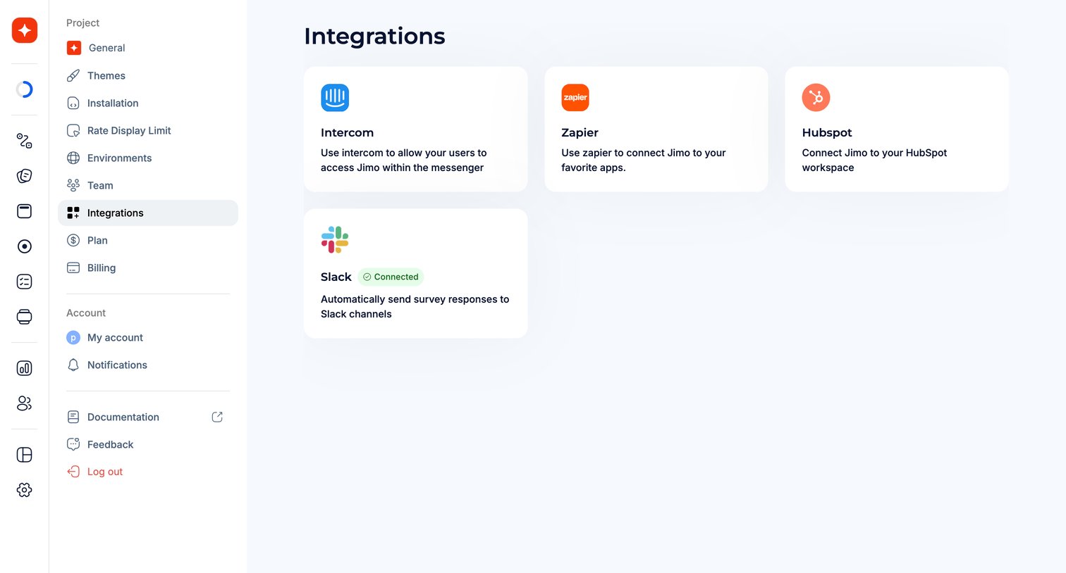Jimo - Integrations · Jimo screen