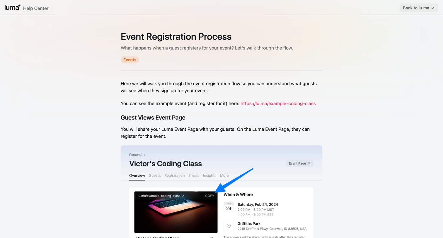 Luma - Event Registration Process · Luma Help screen