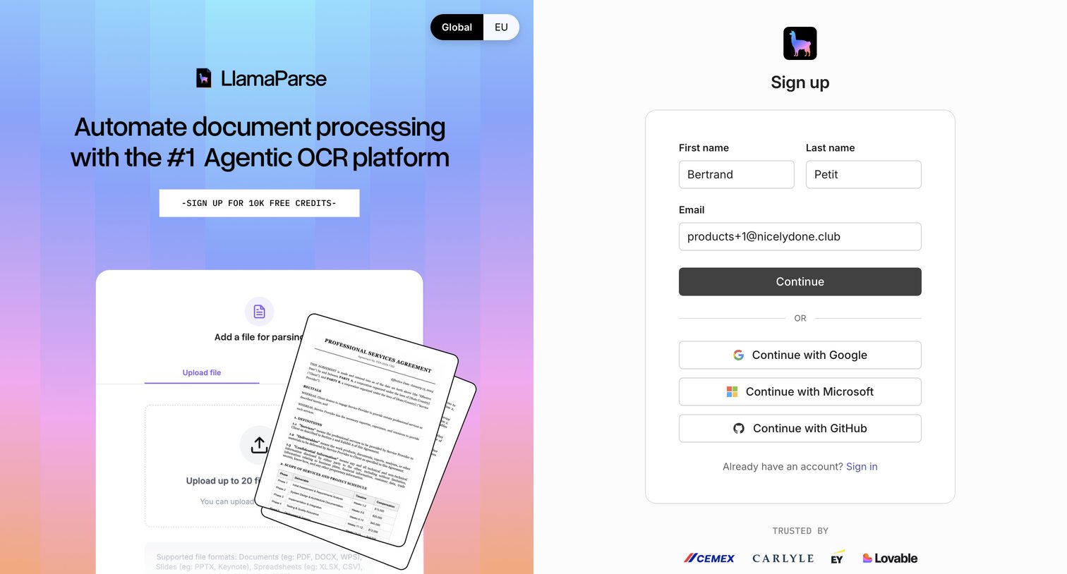 Llamaindex - Sign up screen