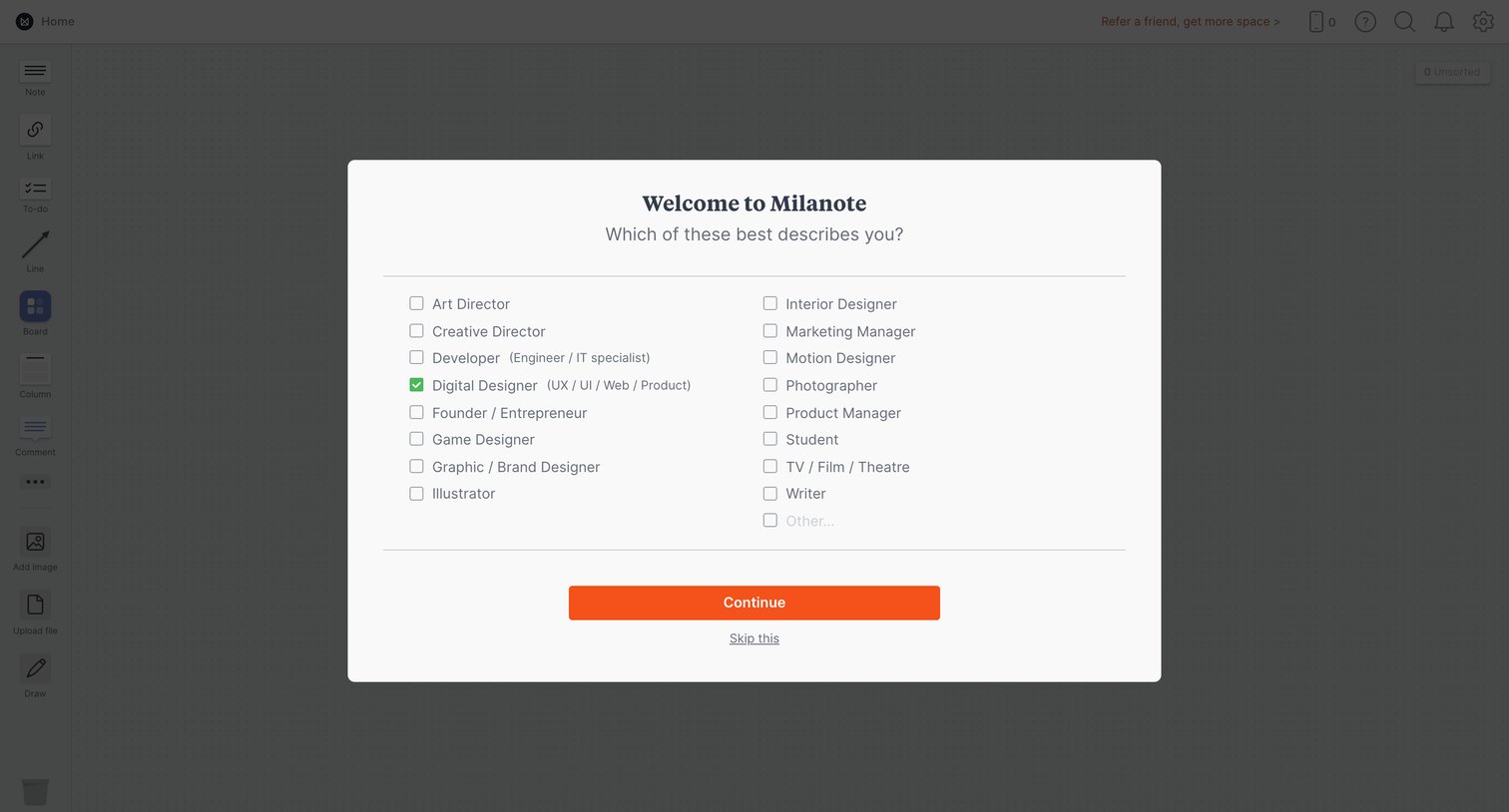 Milanote screen