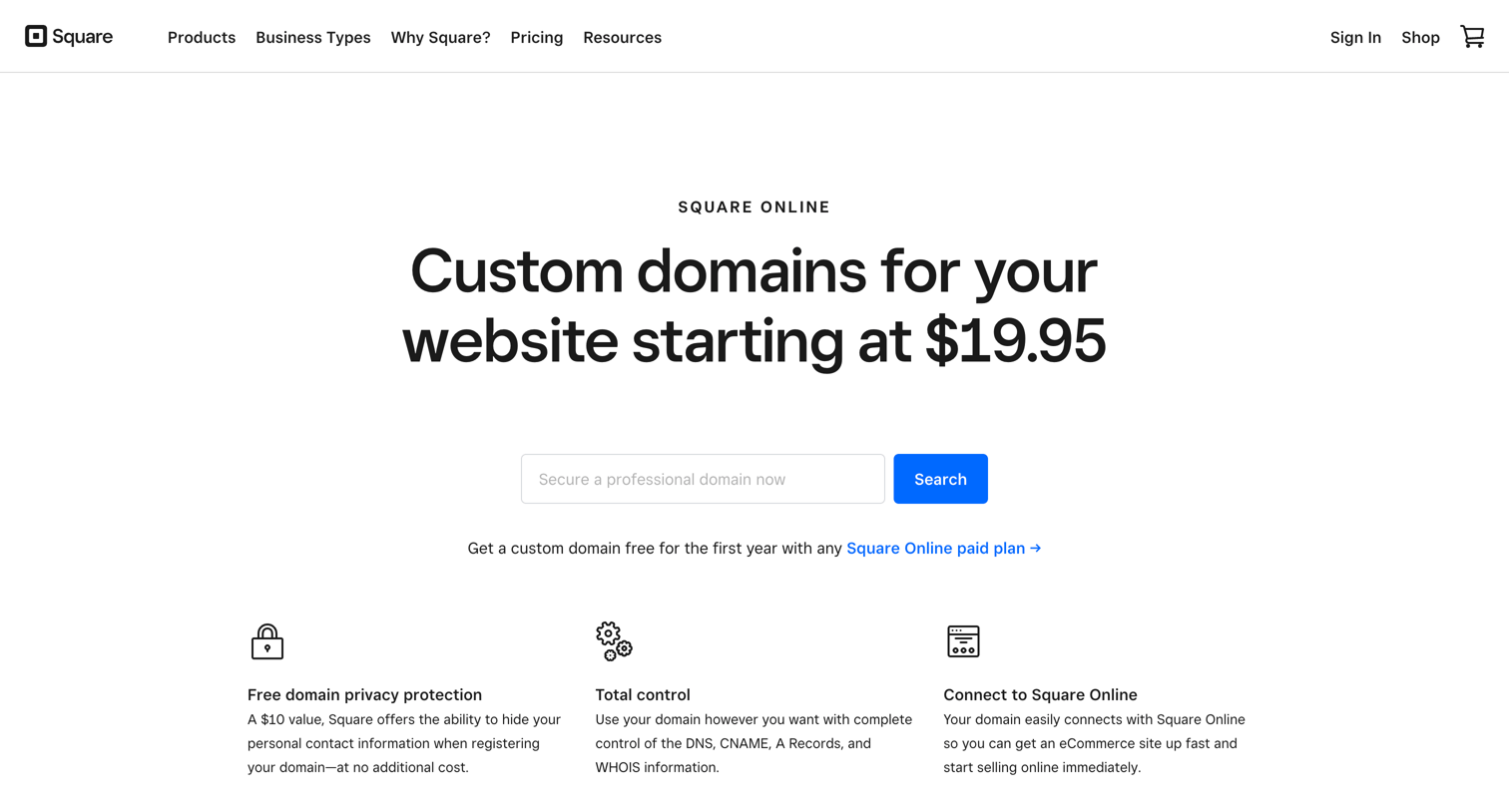 Square - Custom domains and websites | Square Online screen
