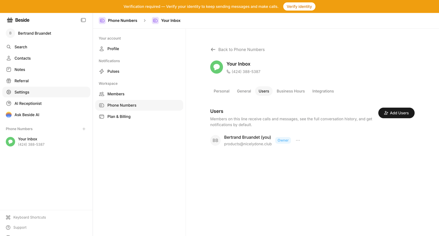 Beside - Your Inbox - Phone Numbers - Beside screen