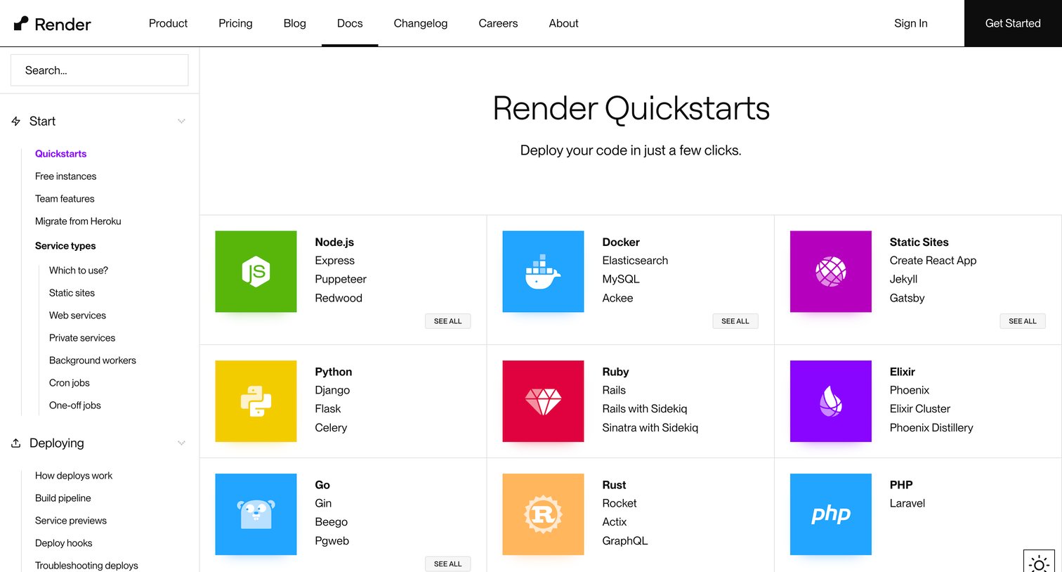 Render - Docs + Quickstarts | Render Docs screen