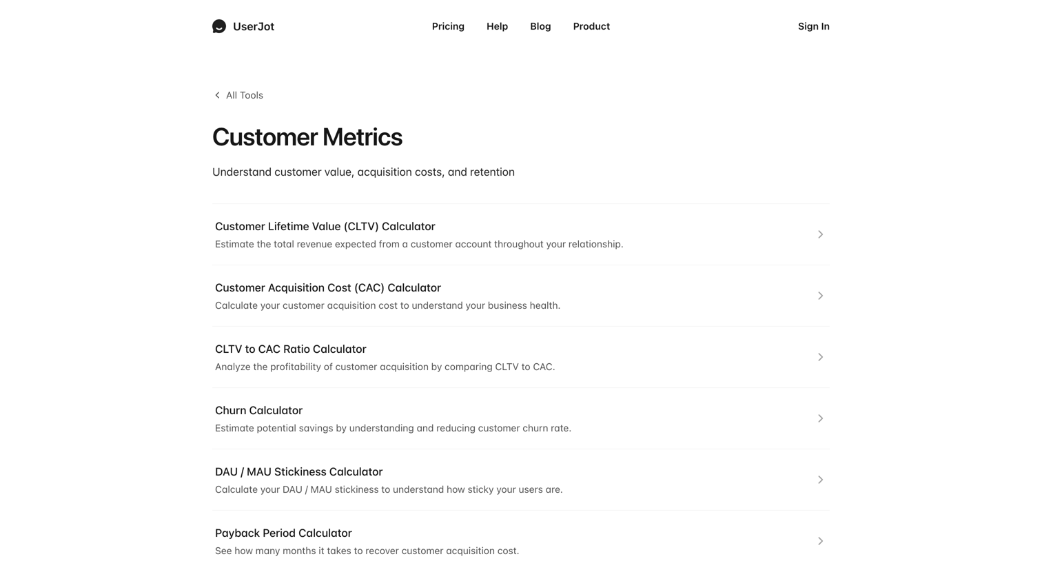 UserJot - Customer Metrics Calculators  Free SaaS Tools - UserJot screen
