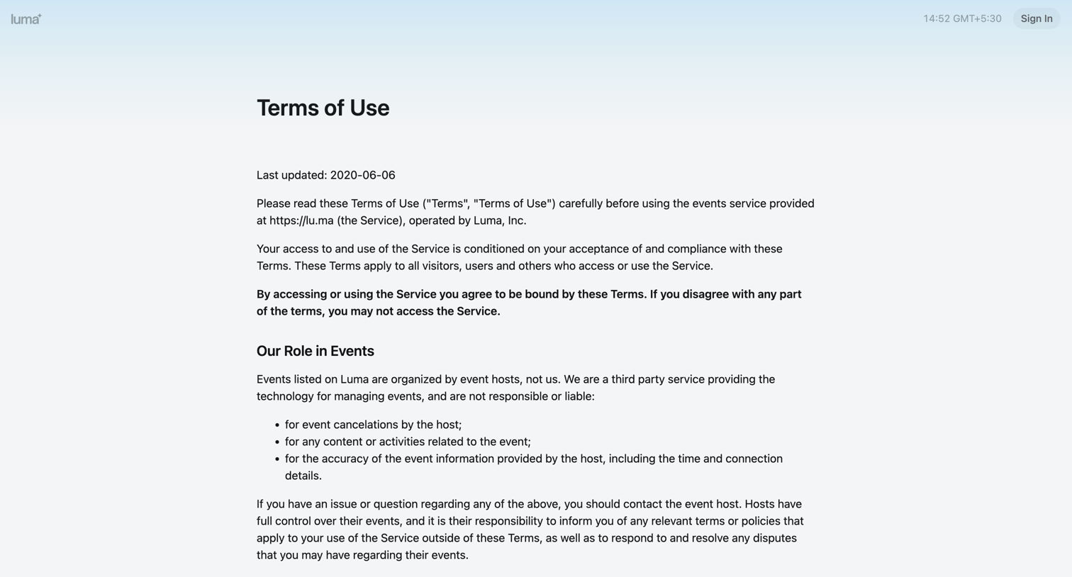 Luma - Terms of Use · Luma screen