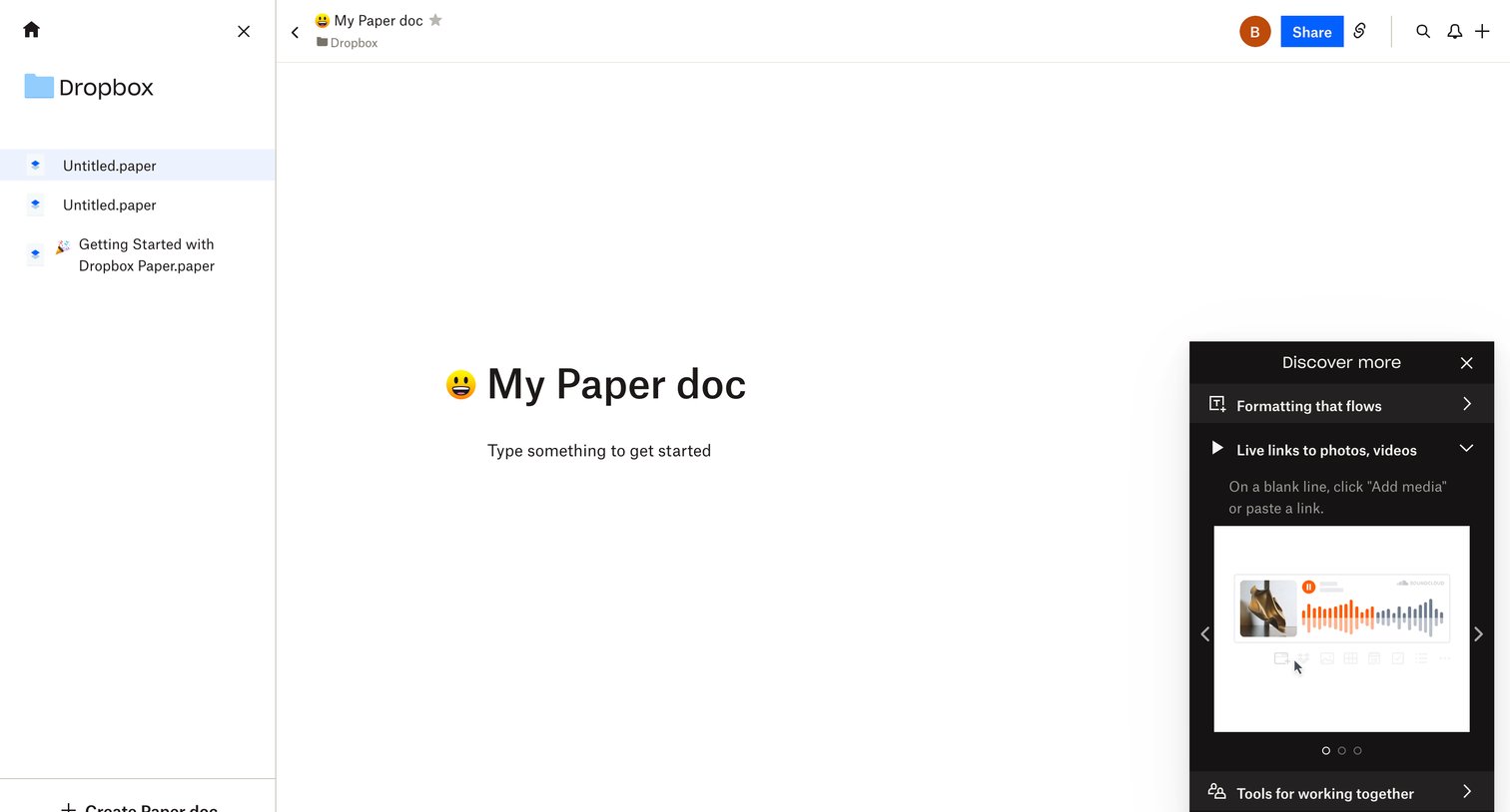 Dropbox paper - My Paper doc - Dropbox Paper screen