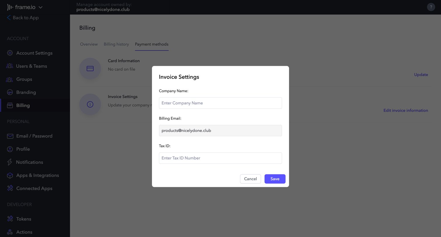 Frame.io - Manage Account - Frame.io screen