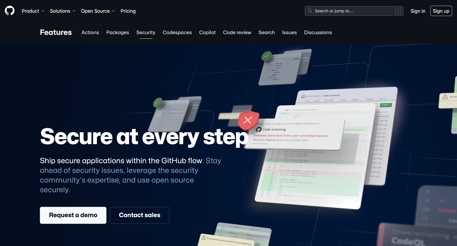 Github - Features · Security · GitHub screen