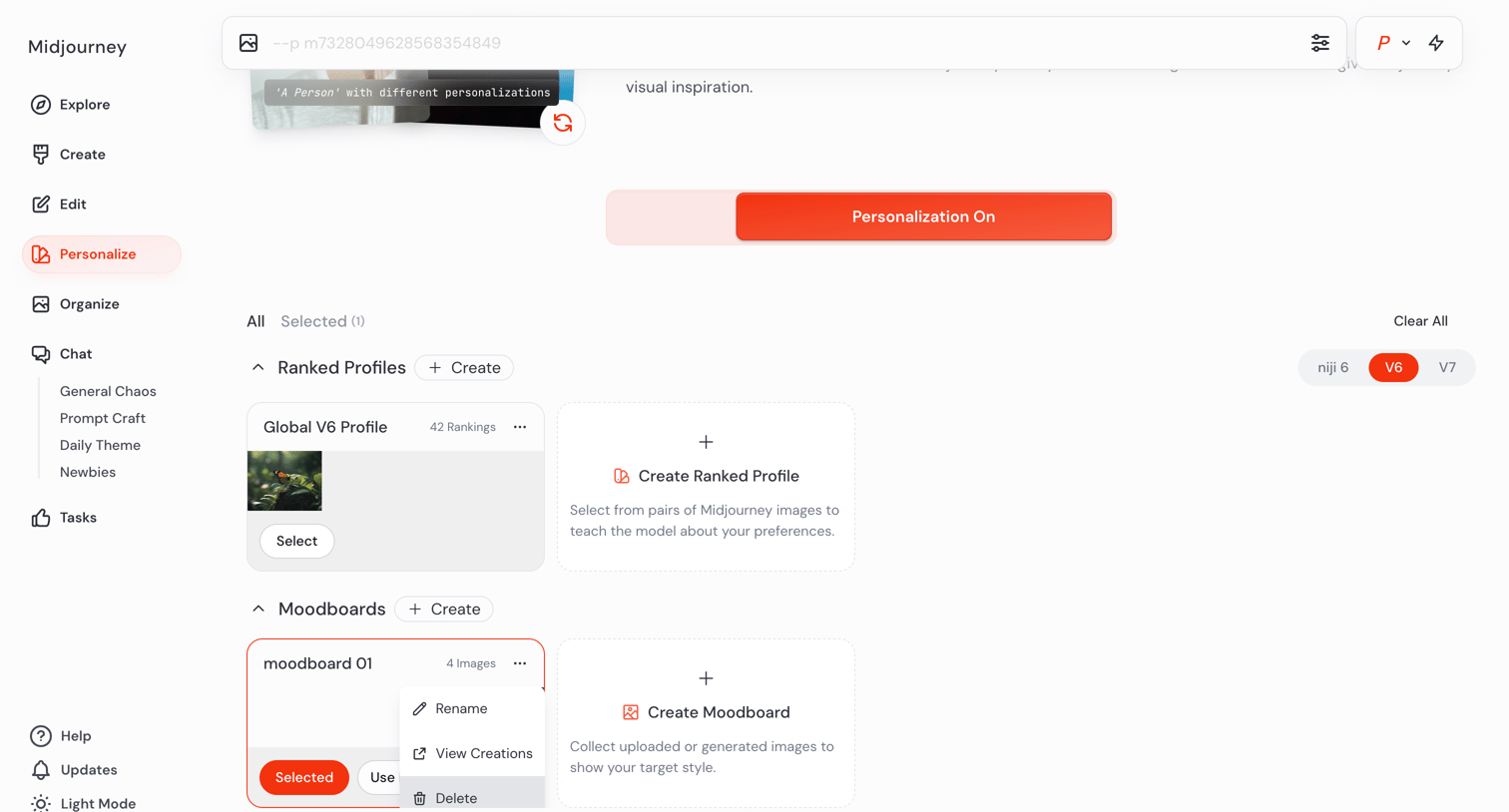 Midjourney - Personalize screen