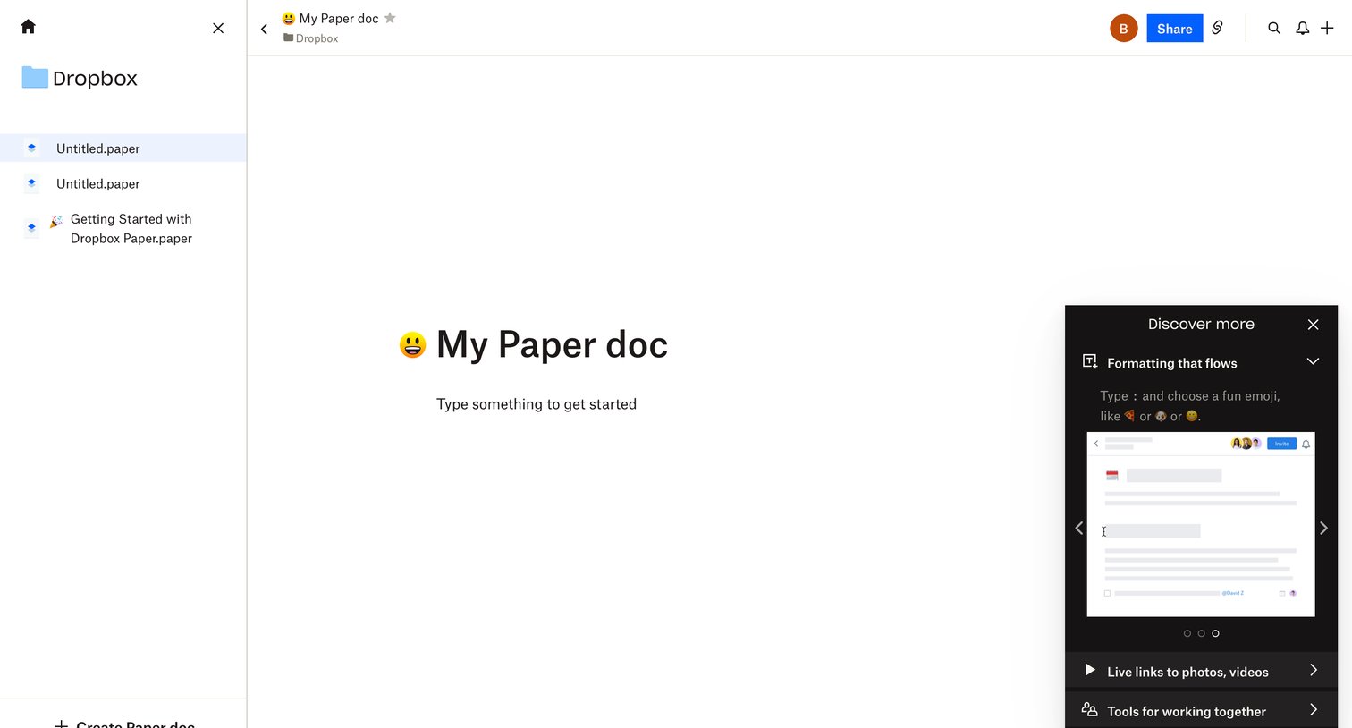 Dropbox paper - My Paper doc - Dropbox Paper screen