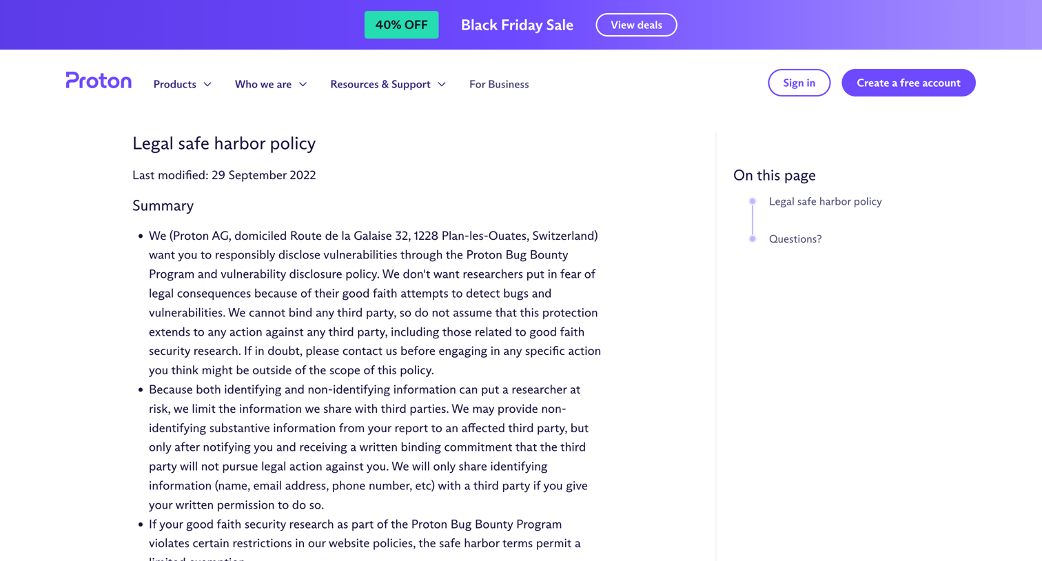 Proton - Legal safe harbor policy screen
