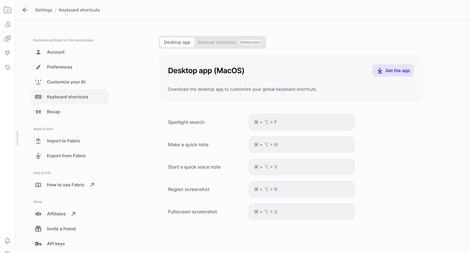 Fabric - Fabric | Keyboard shortcuts screen
