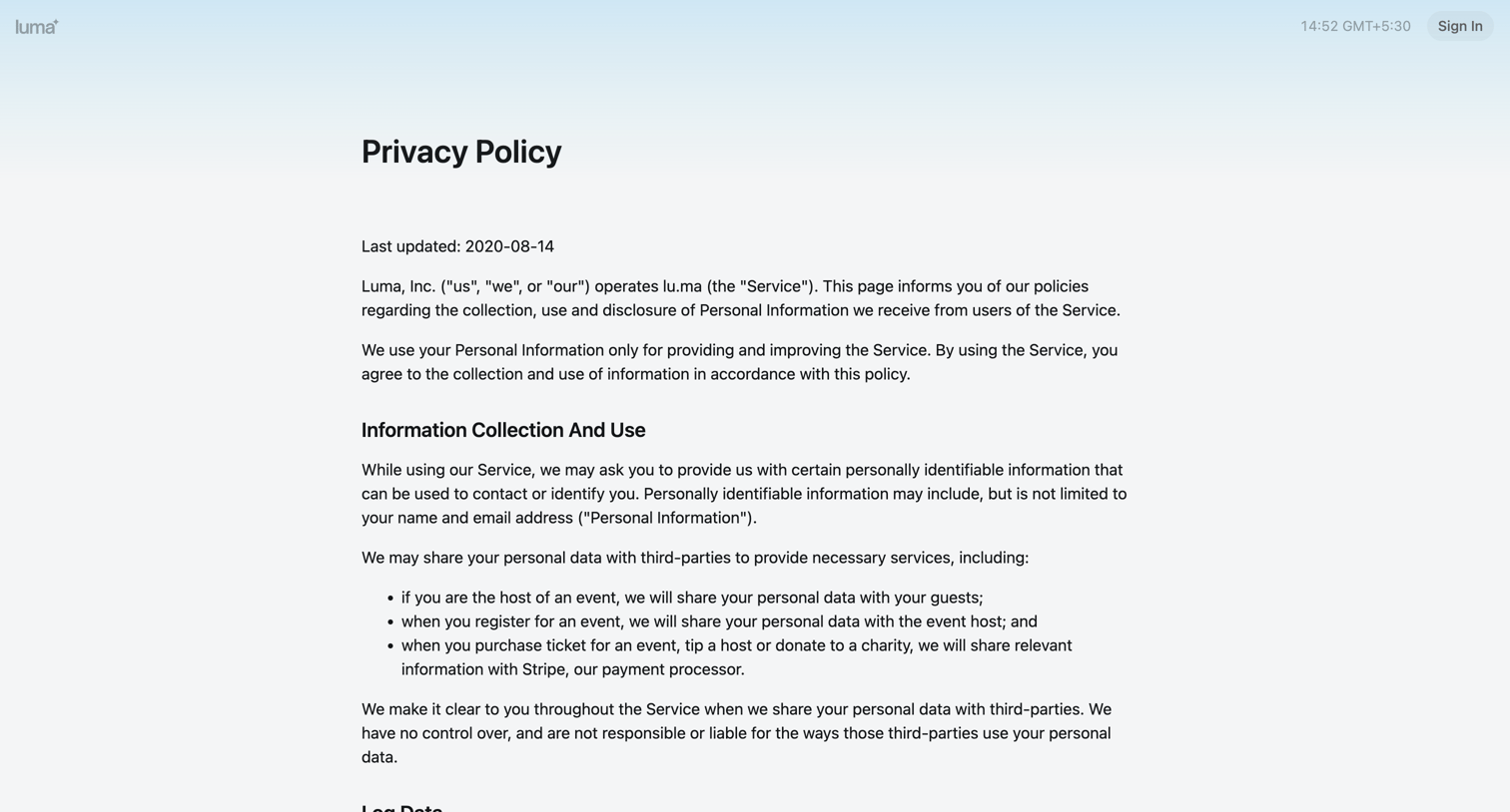 Luma - Privacy Policy · Luma screen