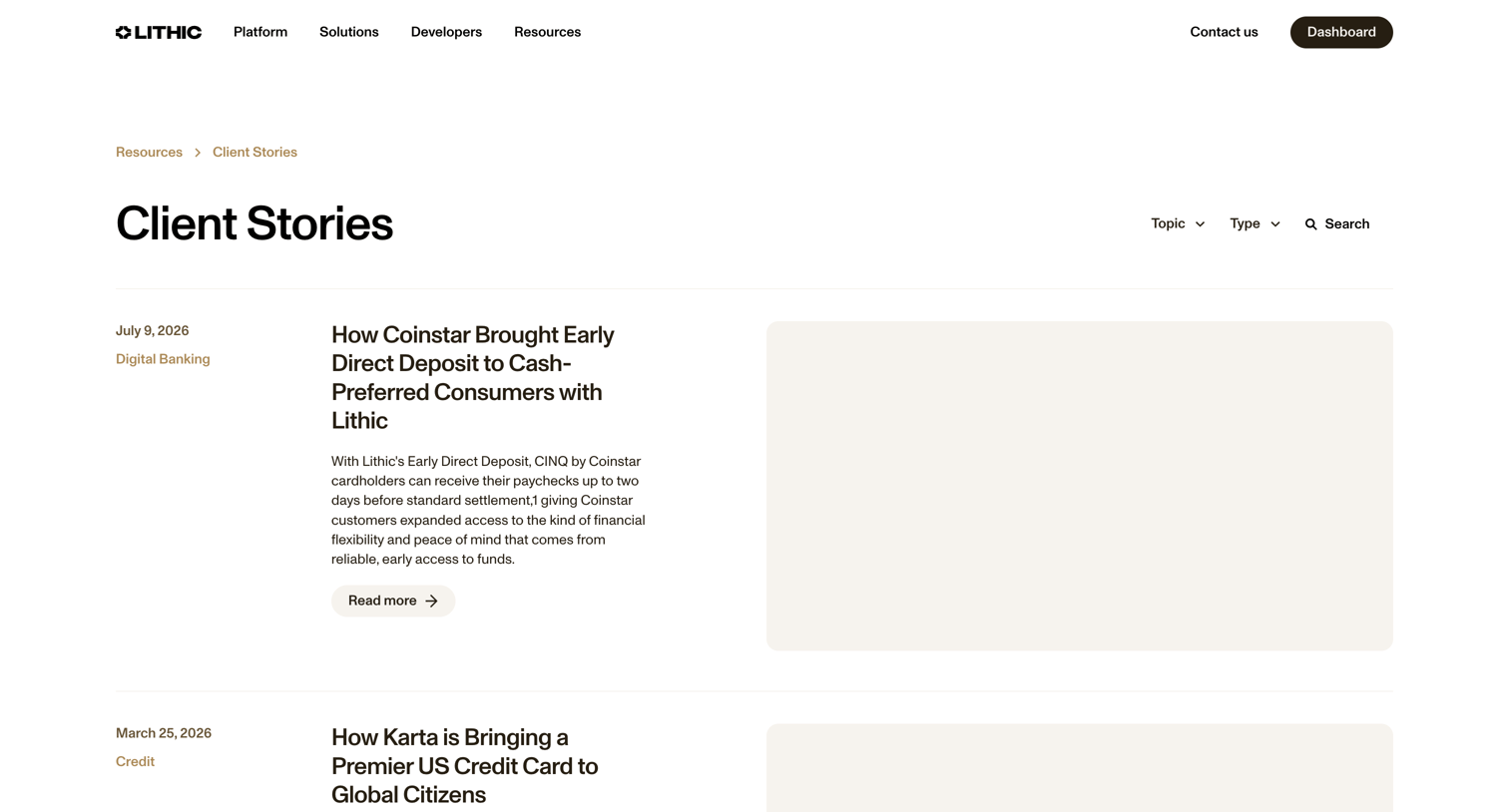 Lithic - Client Stories screen