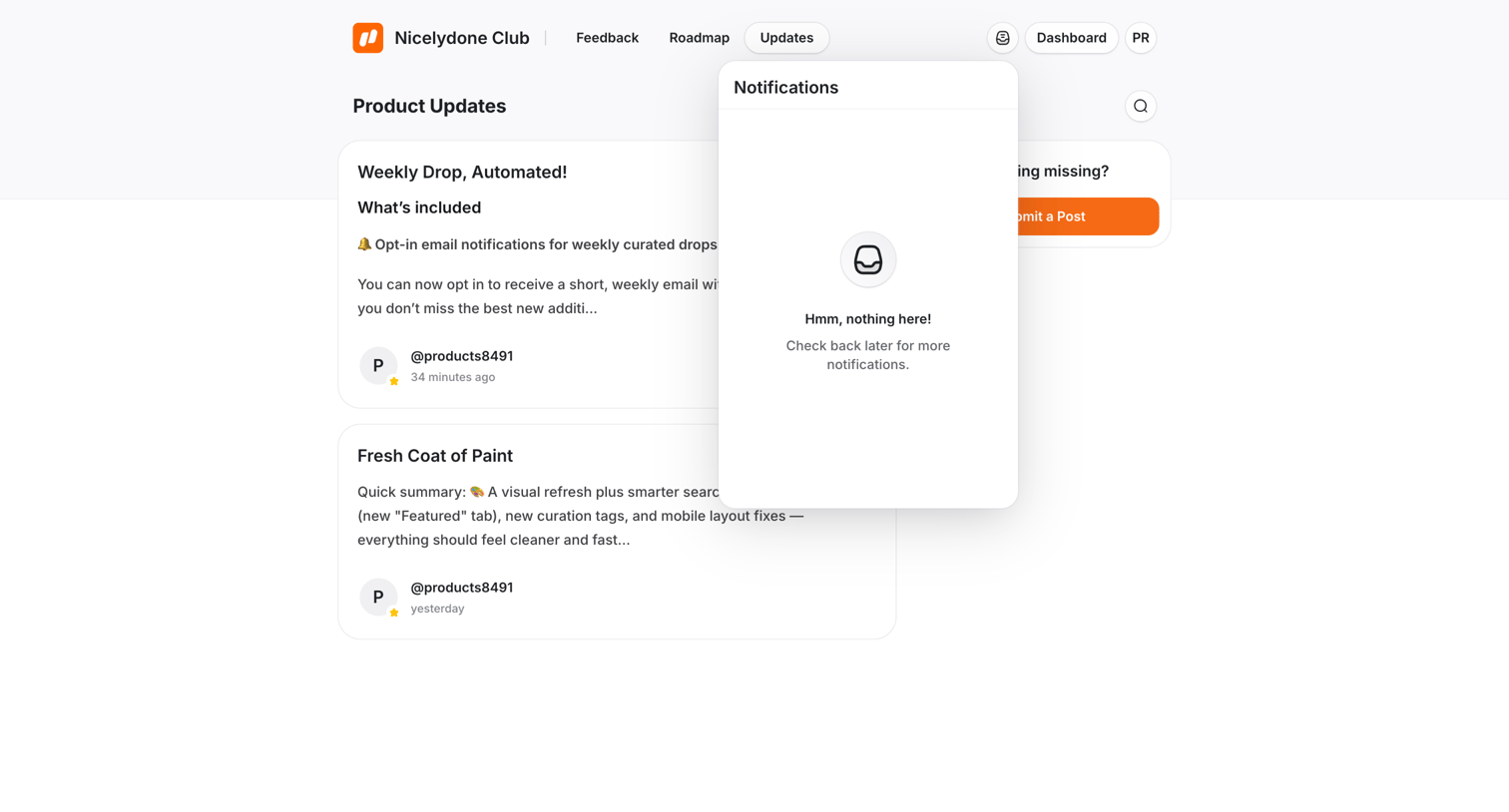 UserJot - Updates | Nicelydone Club screen