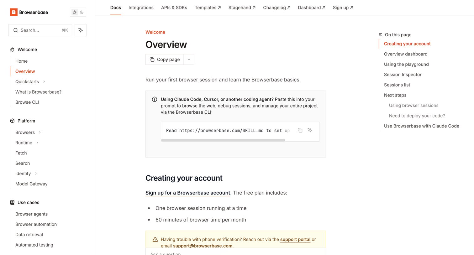 Browserbase - Overview - Browserbase Documentation screen
