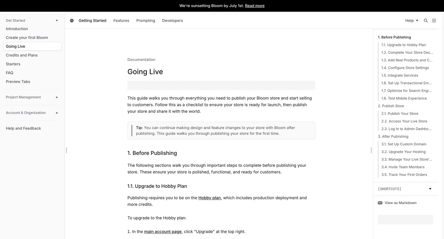 Bloom - Going Live - Bloom Documentation screen