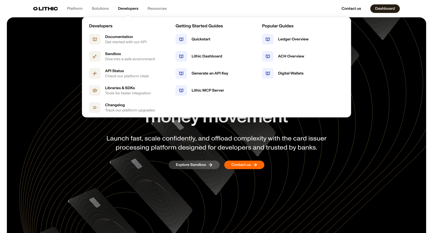 Lithic - Programmable Card Issuing and Money Movement | Lithic - hover: Developers screen