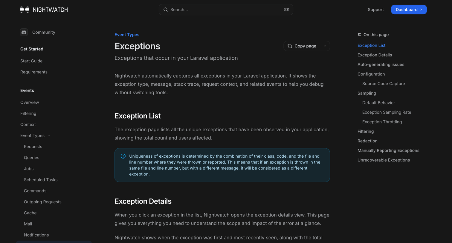 Nightwatch - Exceptions - Laravel Nightwatch screen