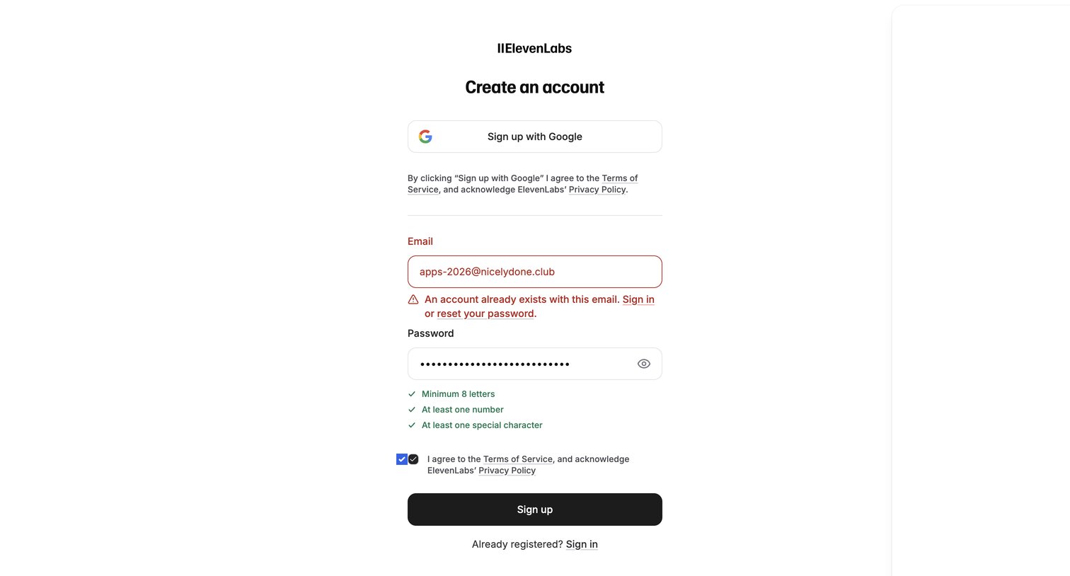 Elevenlabs - Sign Up | ElevenLabs screen