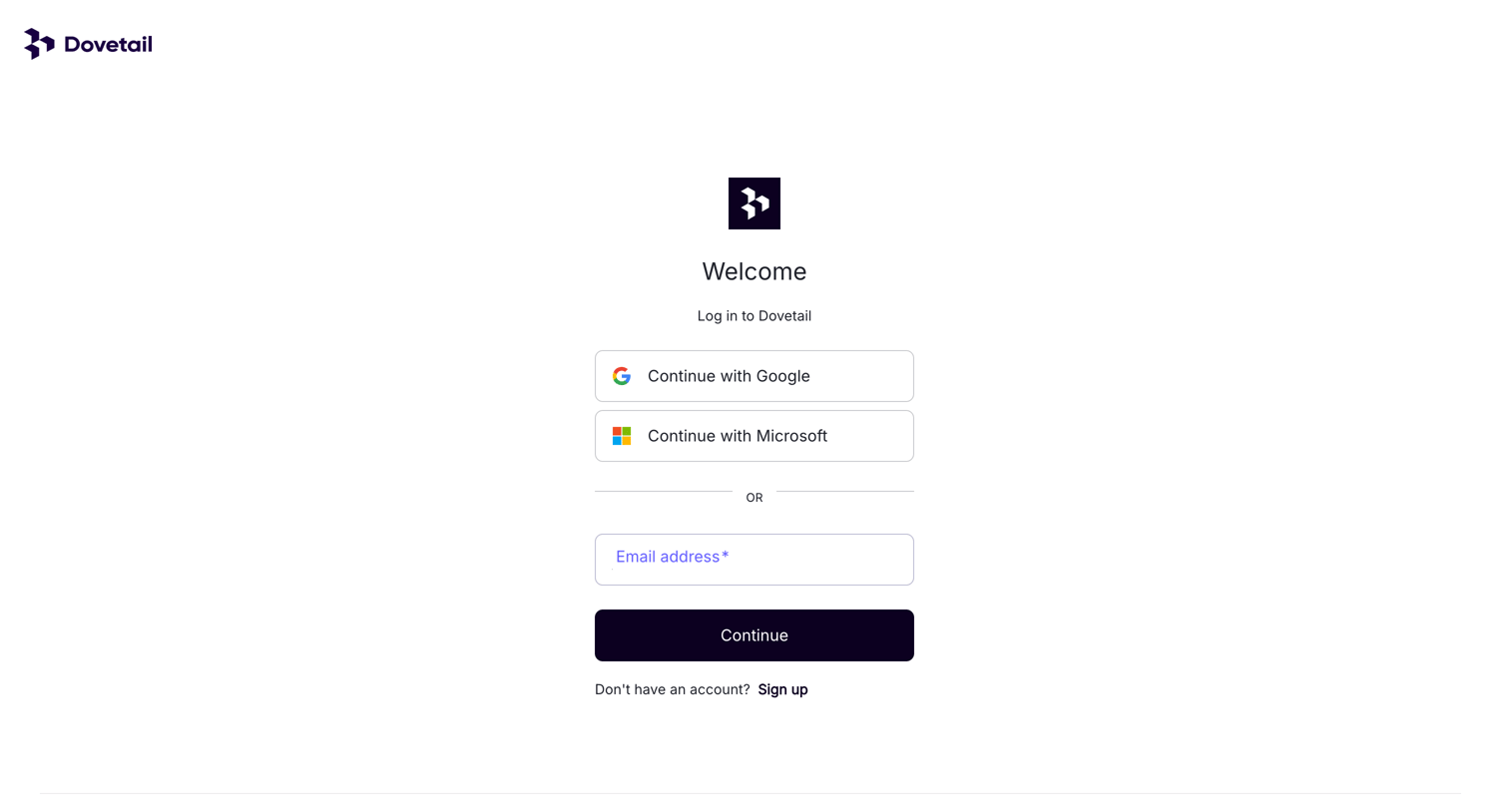 Dovetail - Log in – Dovetail screen
