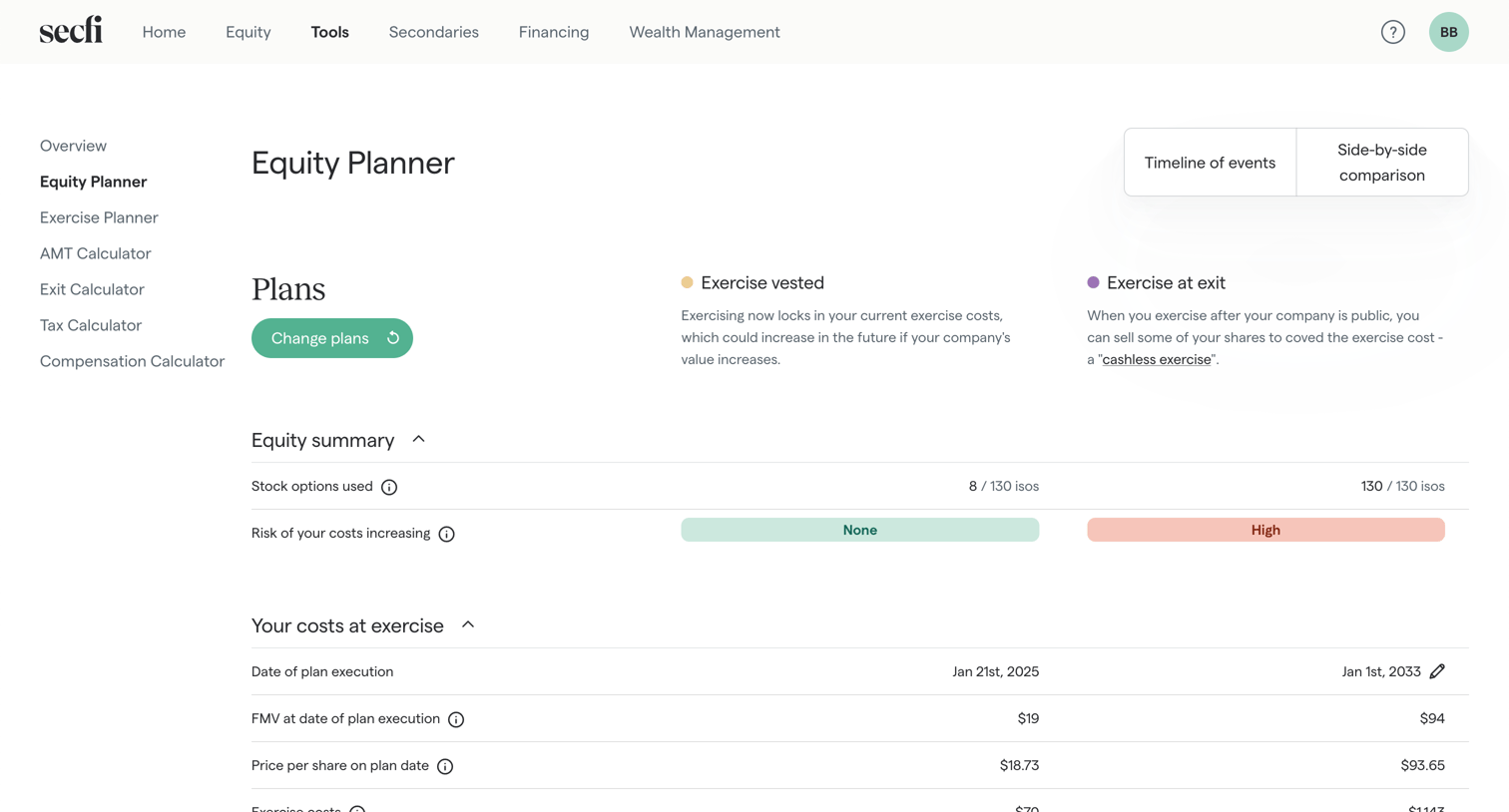 Secfi - Equity Planner | Secfi screen