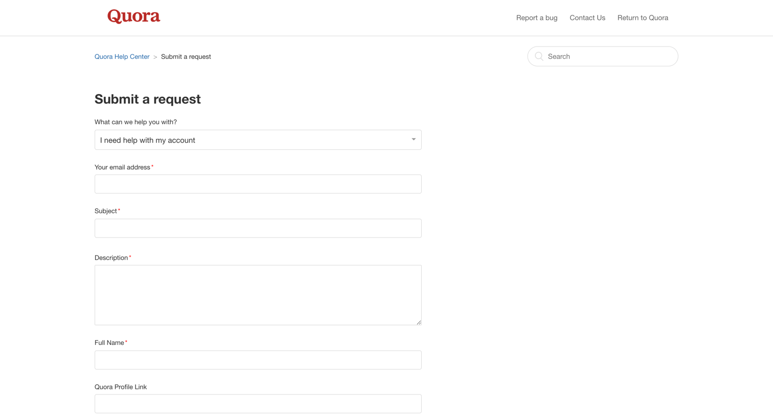 Quora - Submit a request – Quora Help Center screen