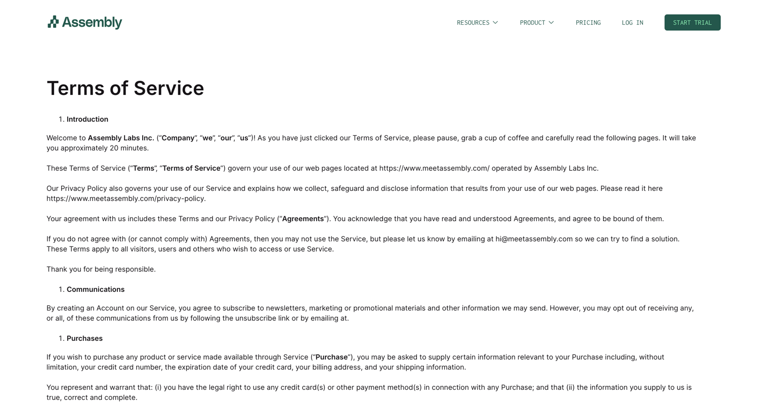 Assembly - Terms of Service screen