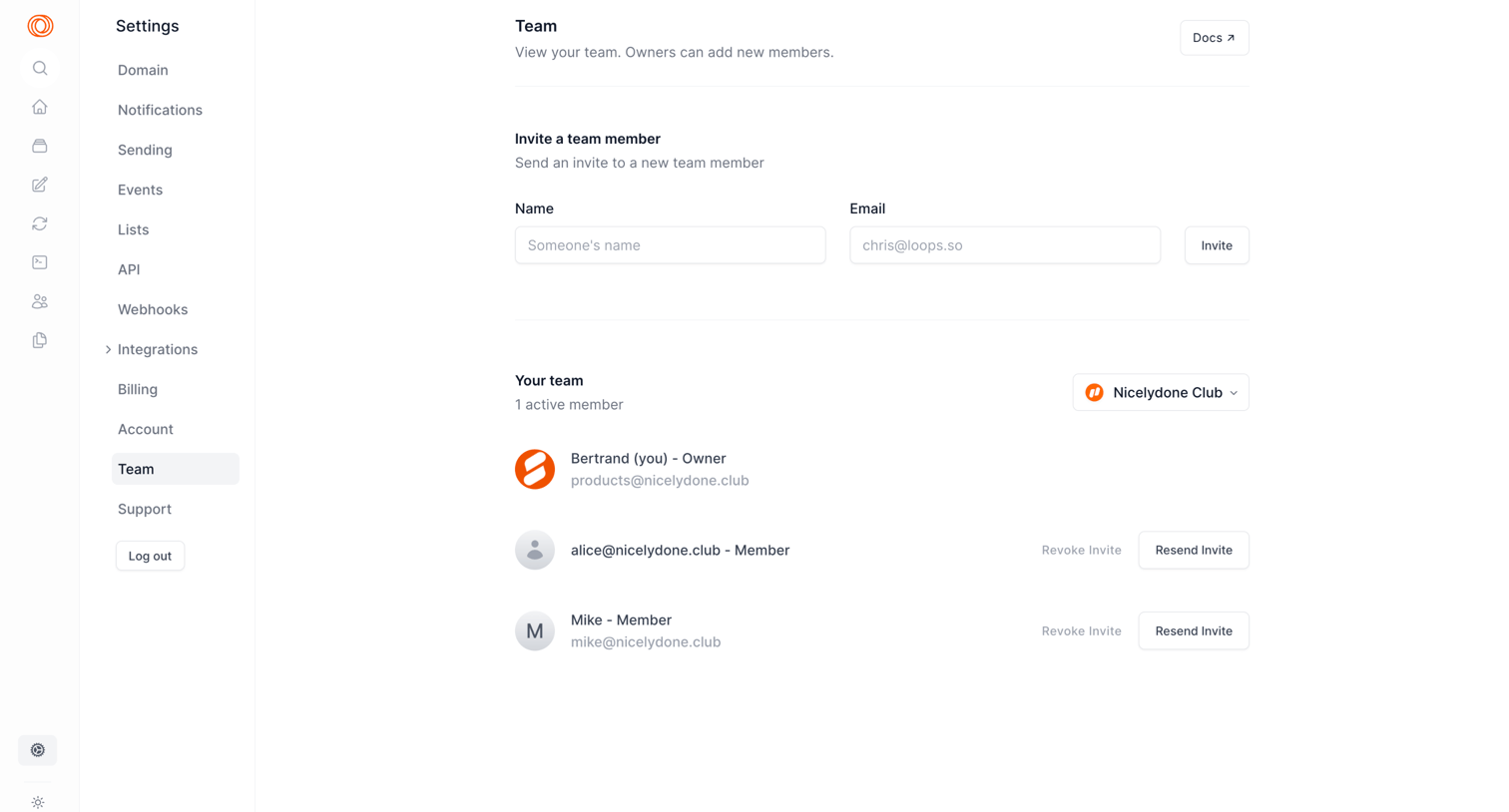 Loops - Settings | Team screen