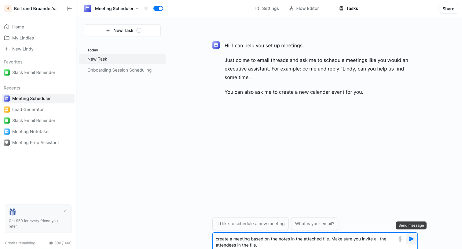 Lindy - Meeting Scheduler - New Task screen