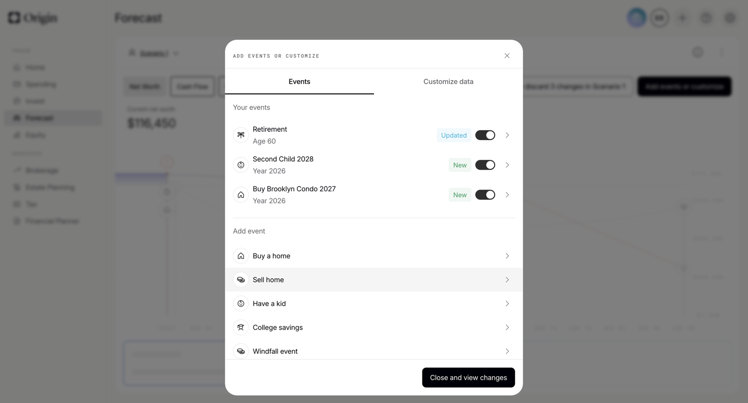 Origin Financial screen