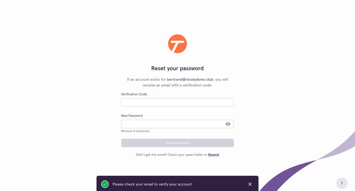 Tango - Confirm Reset Password screen