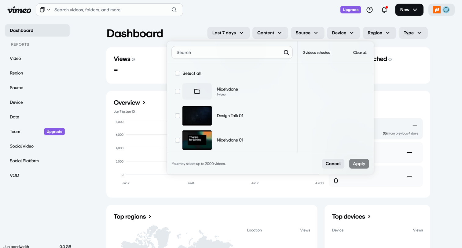 Vimeo - Analytics Home screen